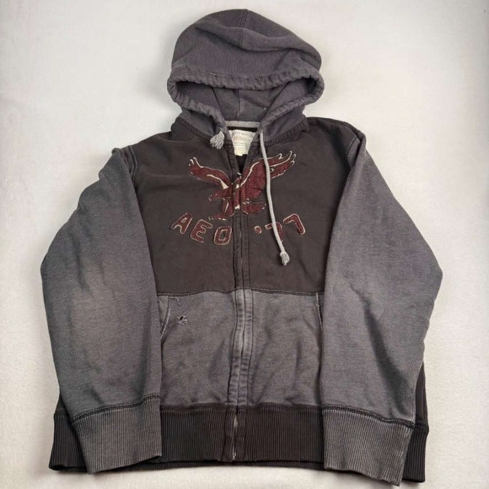 American Eagle Mens XL Full Zip Hoodie Black Charcoal Distressed Eagle Logo AEO‎